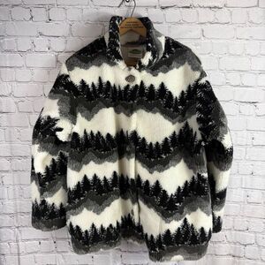 Vintage Oversized Mountain Tree Theme Pinecone Button Fleece Size M/L
